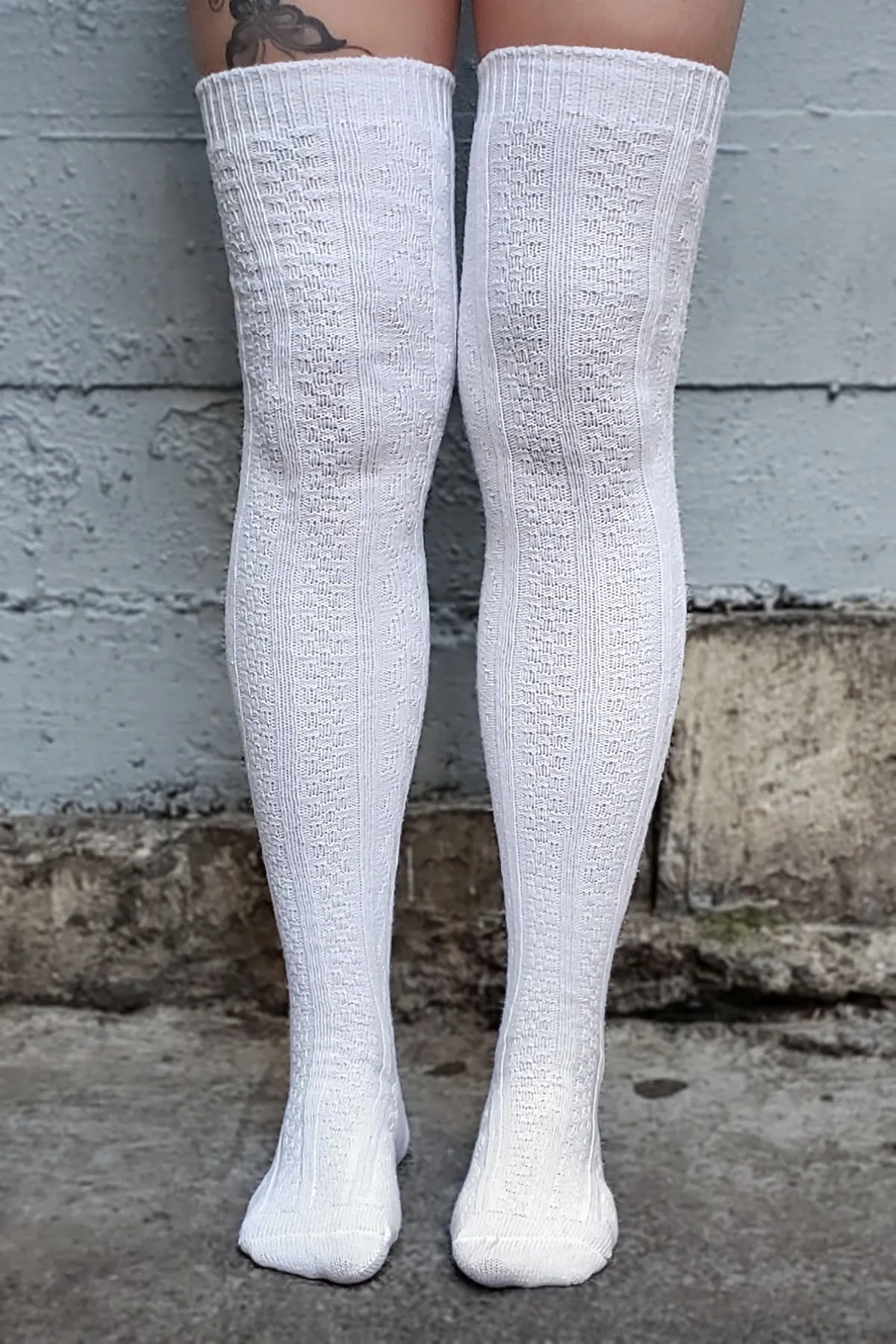 Cabled OTK Cotton Socks - White