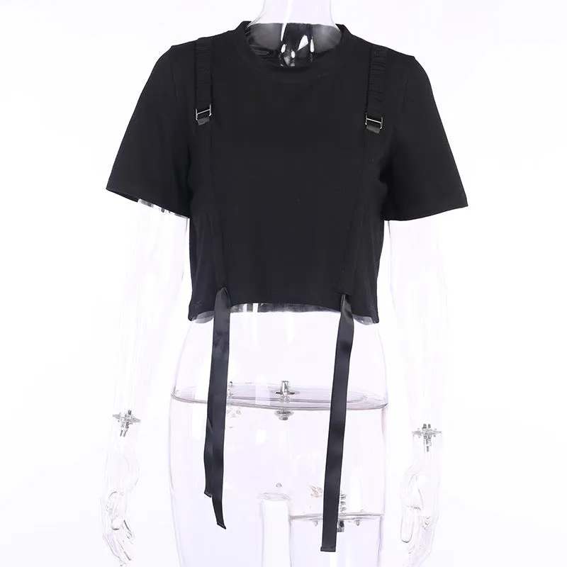Cargo shirt tie with bandage and drawstring crop top tee for chic gothic girls hip hop