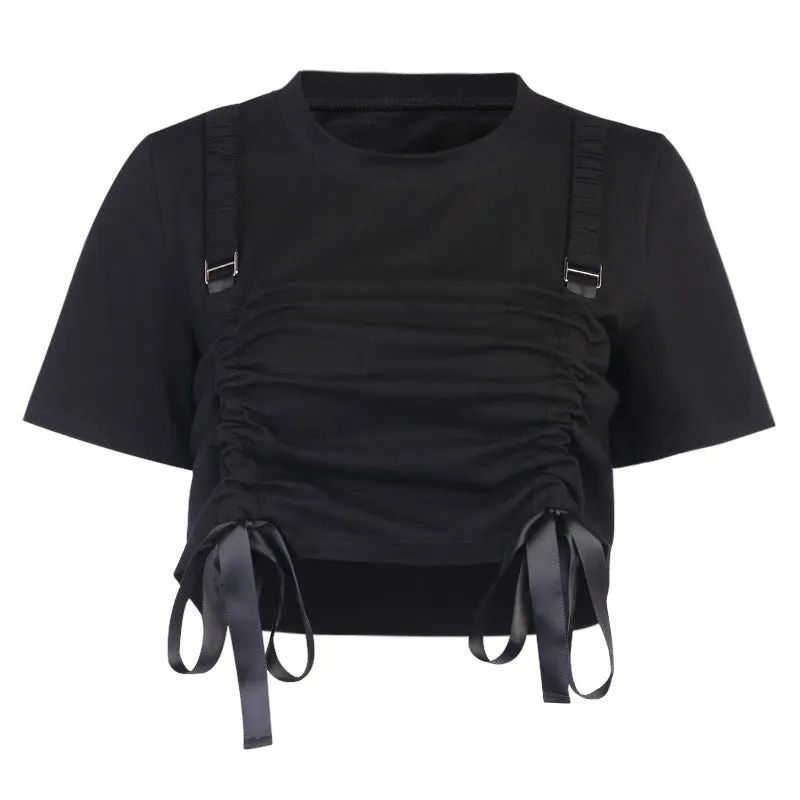 Cargo shirt tie with bandage and drawstring crop top tee for chic gothic girls hip hop