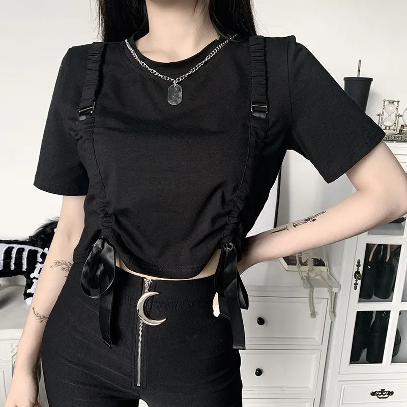 Cargo shirt tie with bandage and drawstring crop top tee for chic gothic girls hip hop