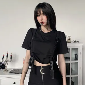 Cargo shirt tie with bandage and drawstring crop top tee for chic gothic girls hip hop