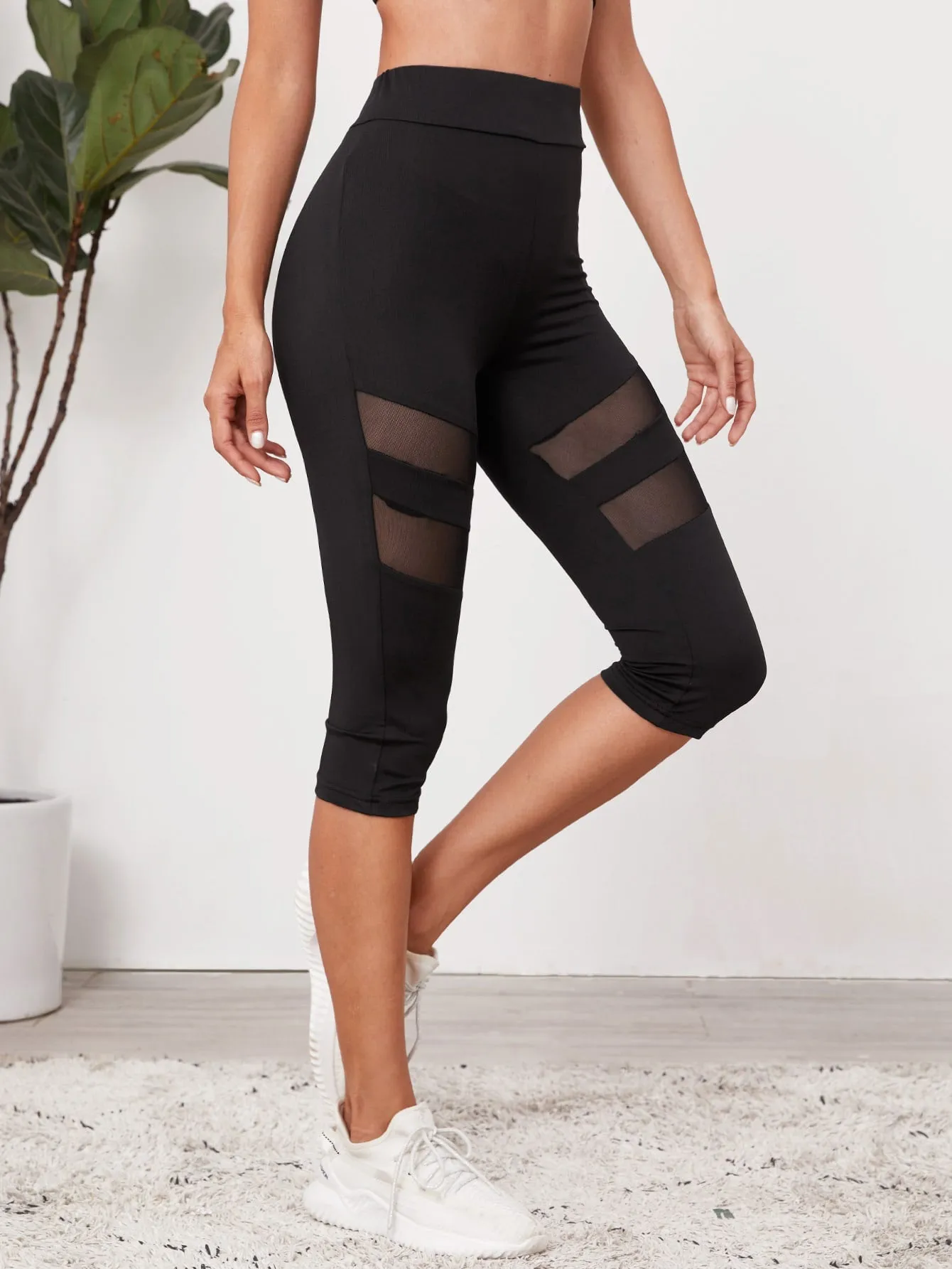 Casual Plain Contrast Mesh Capris Women Leggings