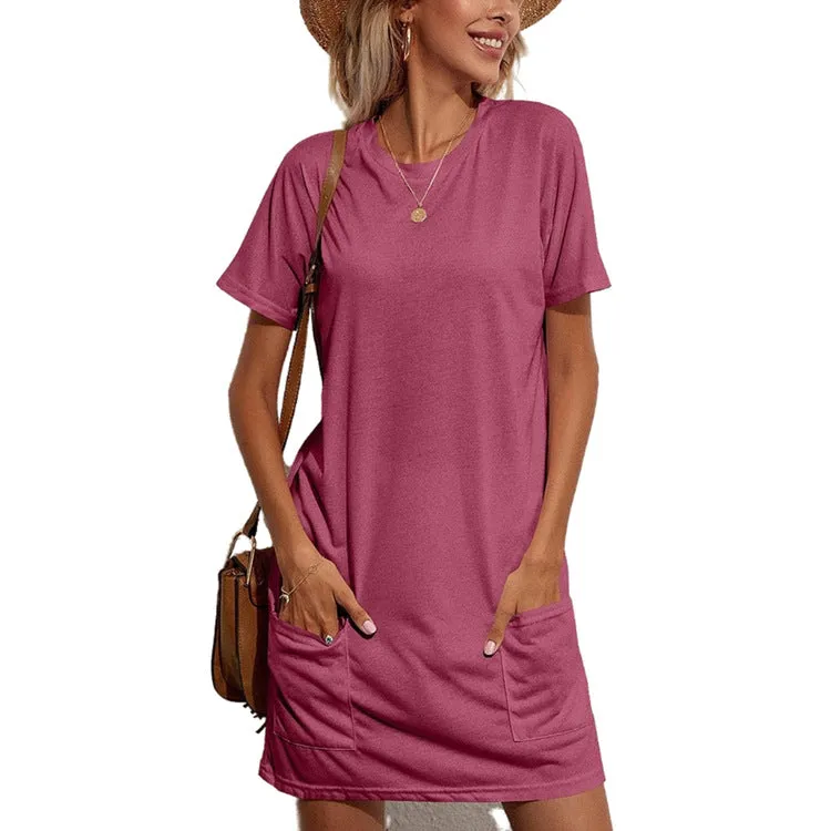 Casual T Shirt Dress With Pocket, Round Neck, Lightweight 3 Colors