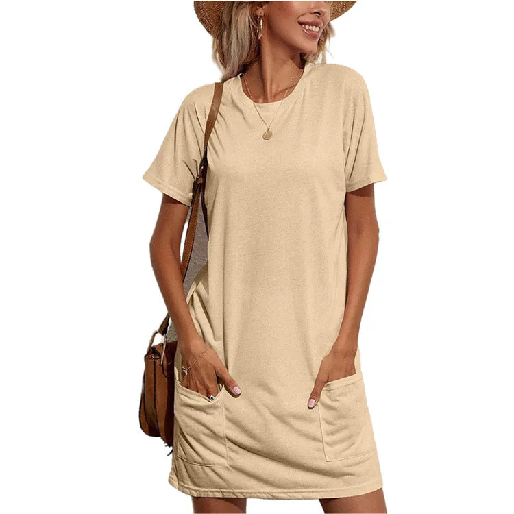 Casual T Shirt Dress With Pocket, Round Neck, Lightweight 3 Colors