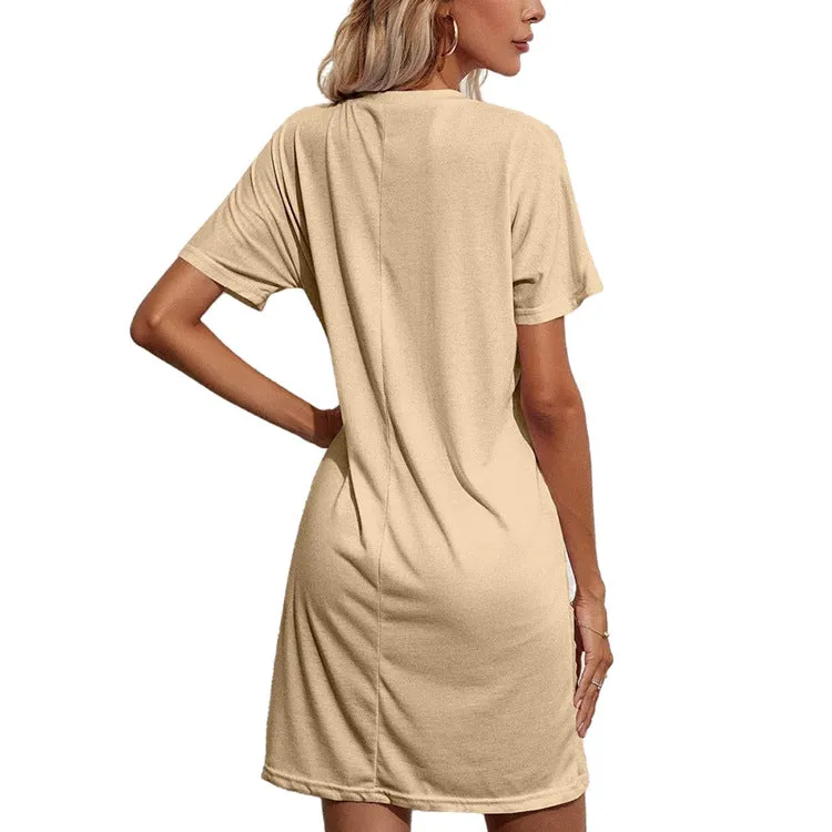 Casual T Shirt Dress With Pocket, Round Neck, Lightweight 3 Colors