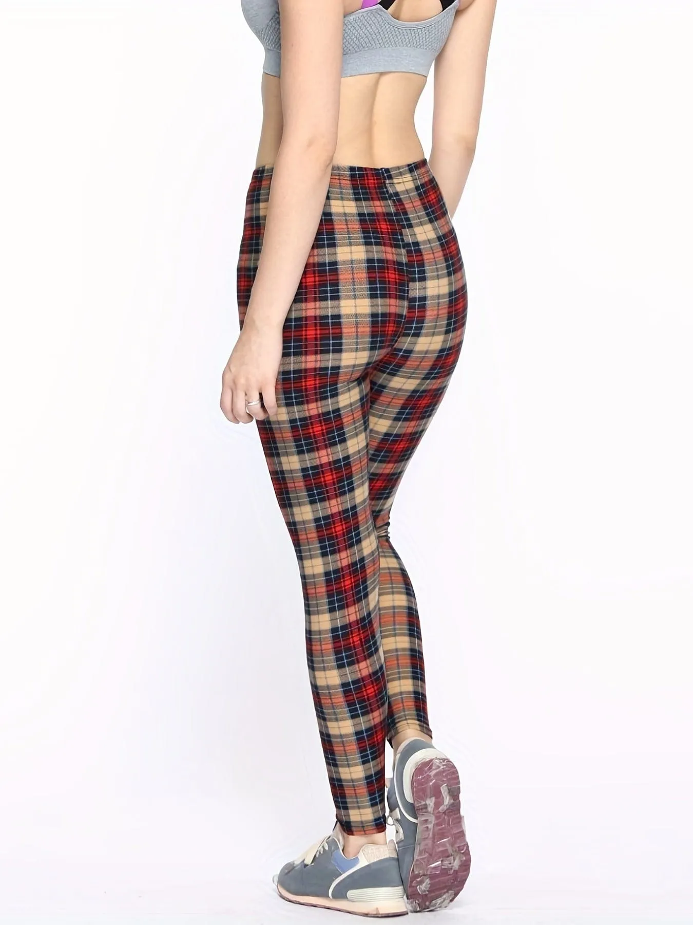 Casual Trendy Stylish High Waist Elastic Plaid Slim Leggings