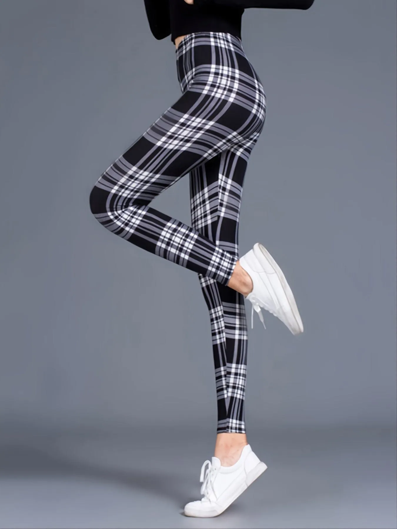 Casual Trendy Stylish High Waist Elastic Plaid Slim Leggings