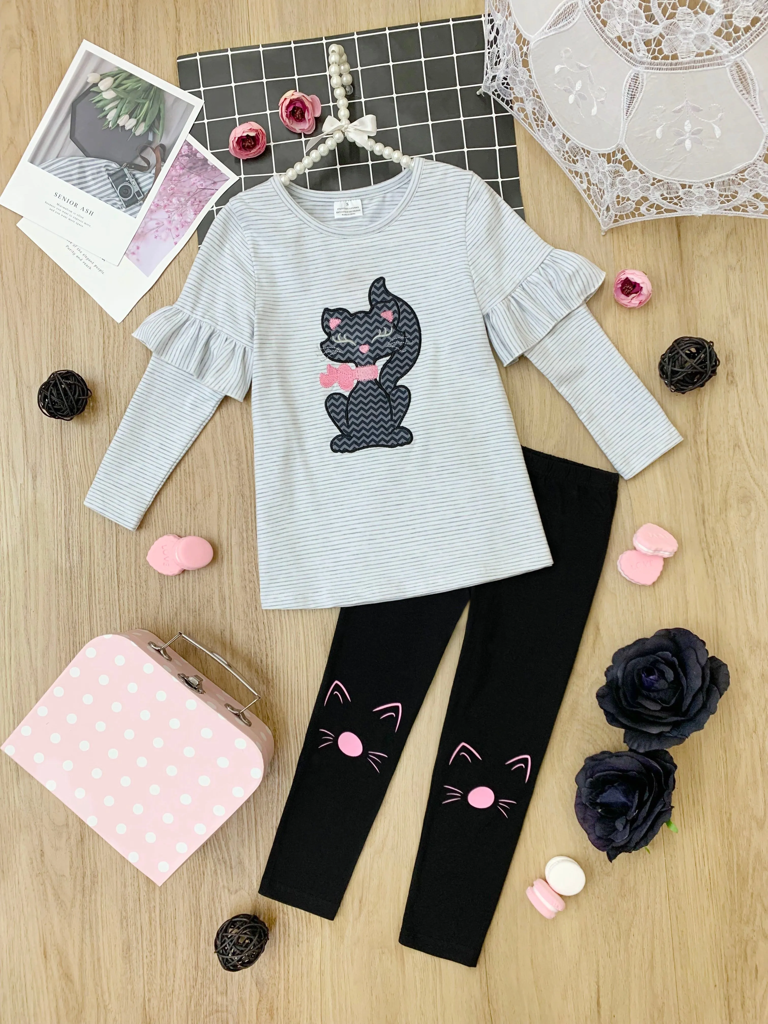 Cat-alog Cutie Ruffle Sleeve Top And Legging Set