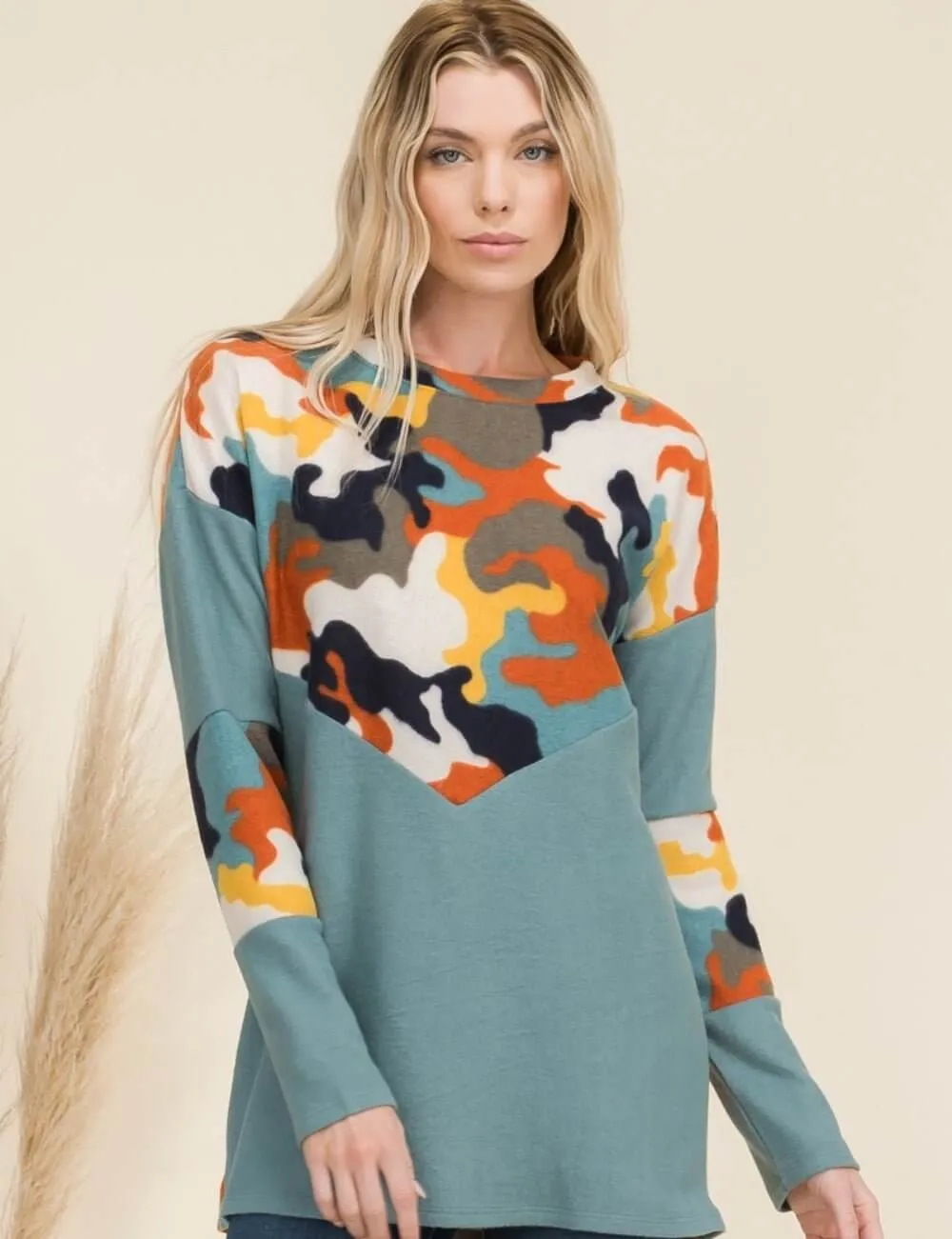 Celeste Full Size Camo Print Contrast Long Sleeve T-Shirt