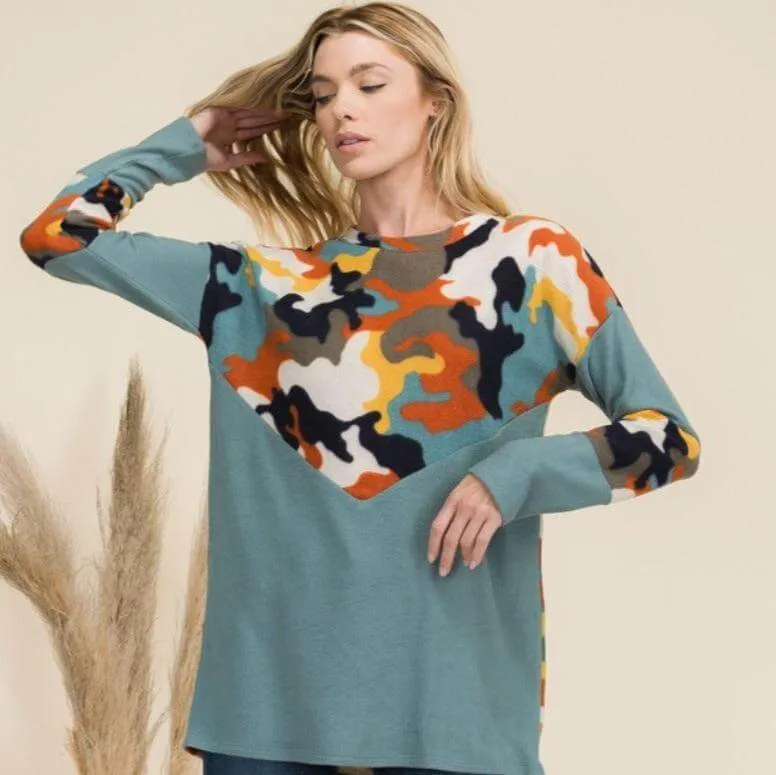 Celeste Full Size Camo Print Contrast Long Sleeve T-Shirt