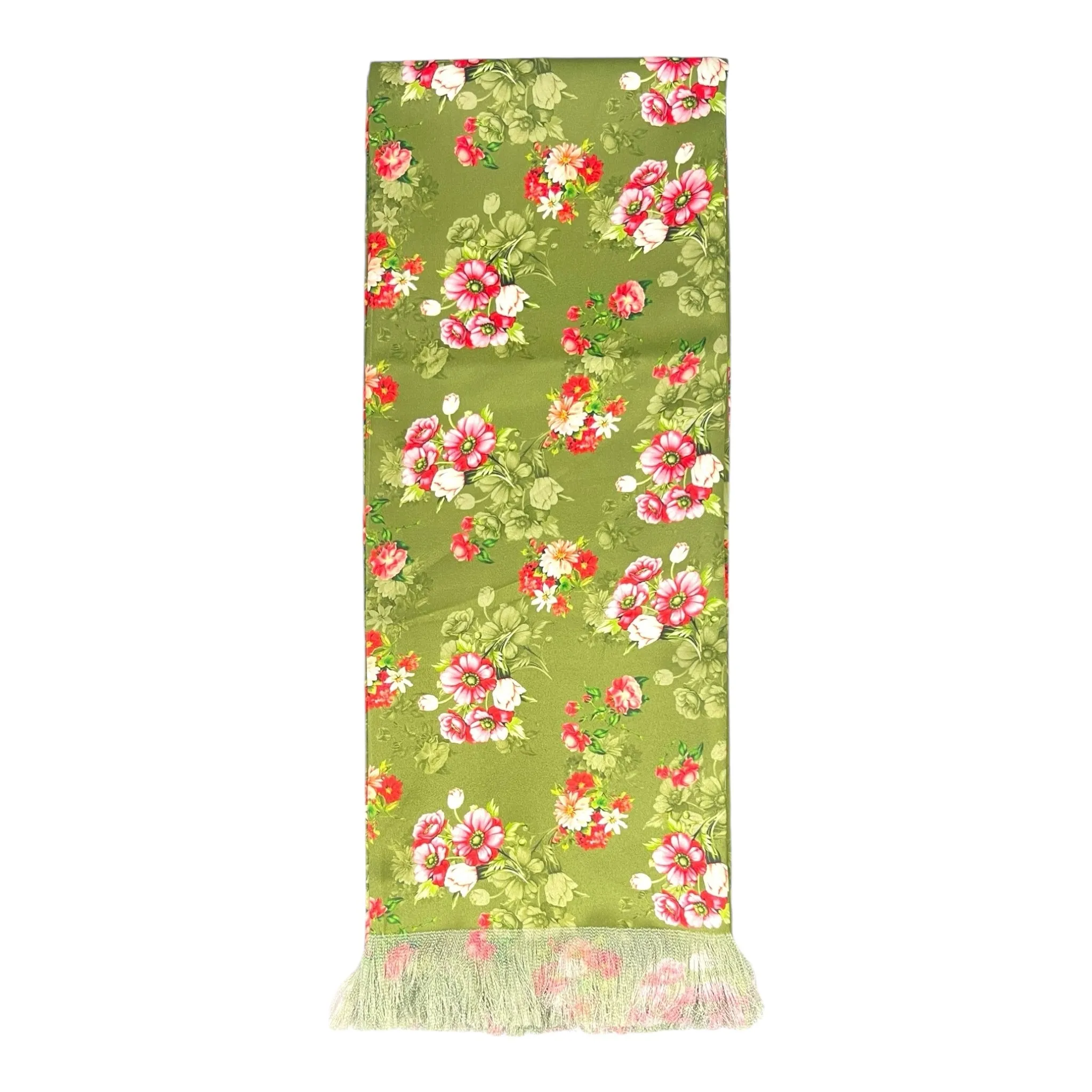 Chartreuse Green Floral Printed Scarf With Pocket Square
