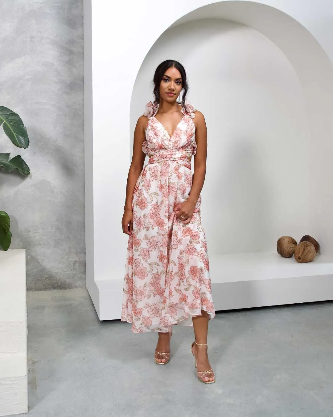 Cleo Chiffon Maxi Dress - Peach Floral