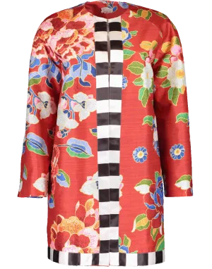 Collarless Floral Print Coat