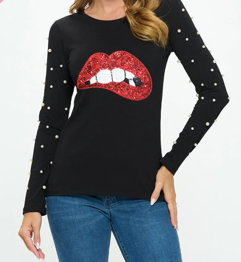 Cotton Long Sleeve Graphic Tee Pearls