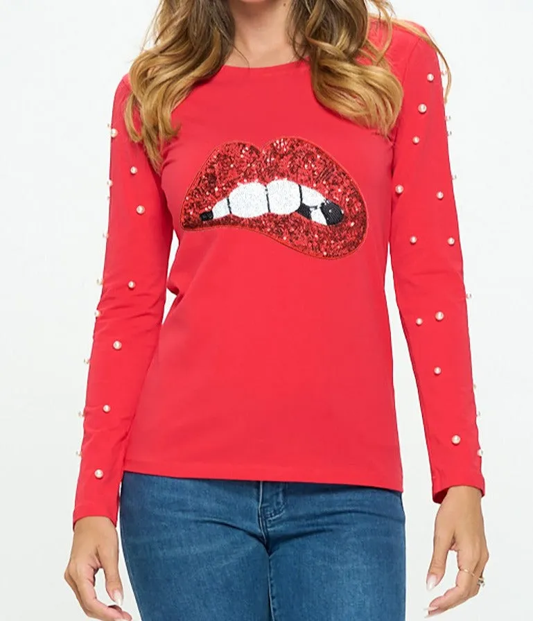 Cotton Long Sleeve Graphic Tee Pearls