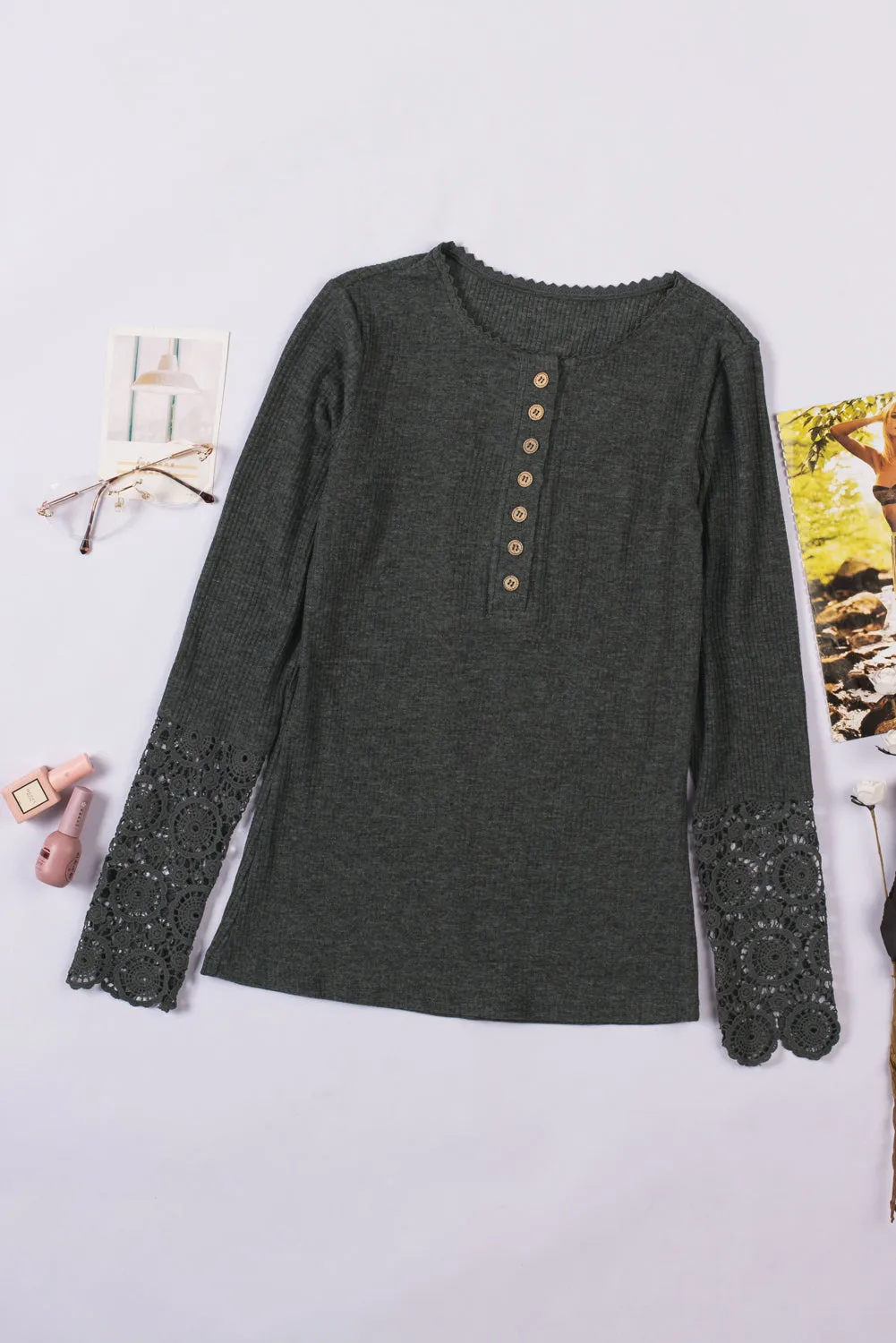 Crochet Lace Sleeve Henley Top