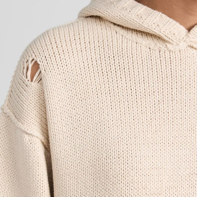 Custom 100% Cotton Ripped Hooded Women’s Knitted Sweater - Distinctive Style