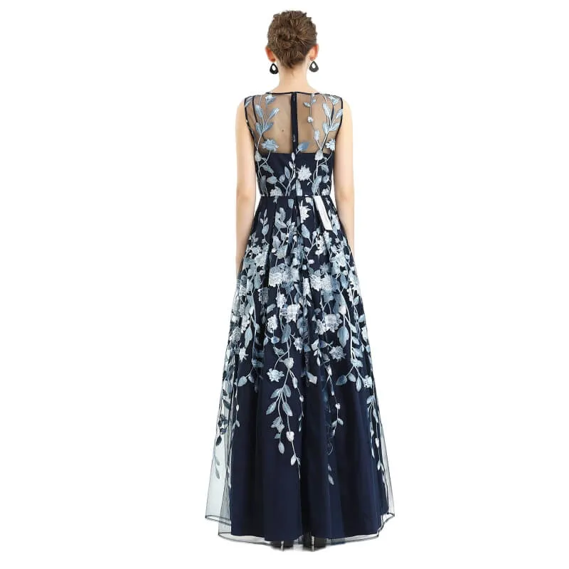 D055 Women all-over floral embroidered V neck sleeveless full circle flared maxi evening dress