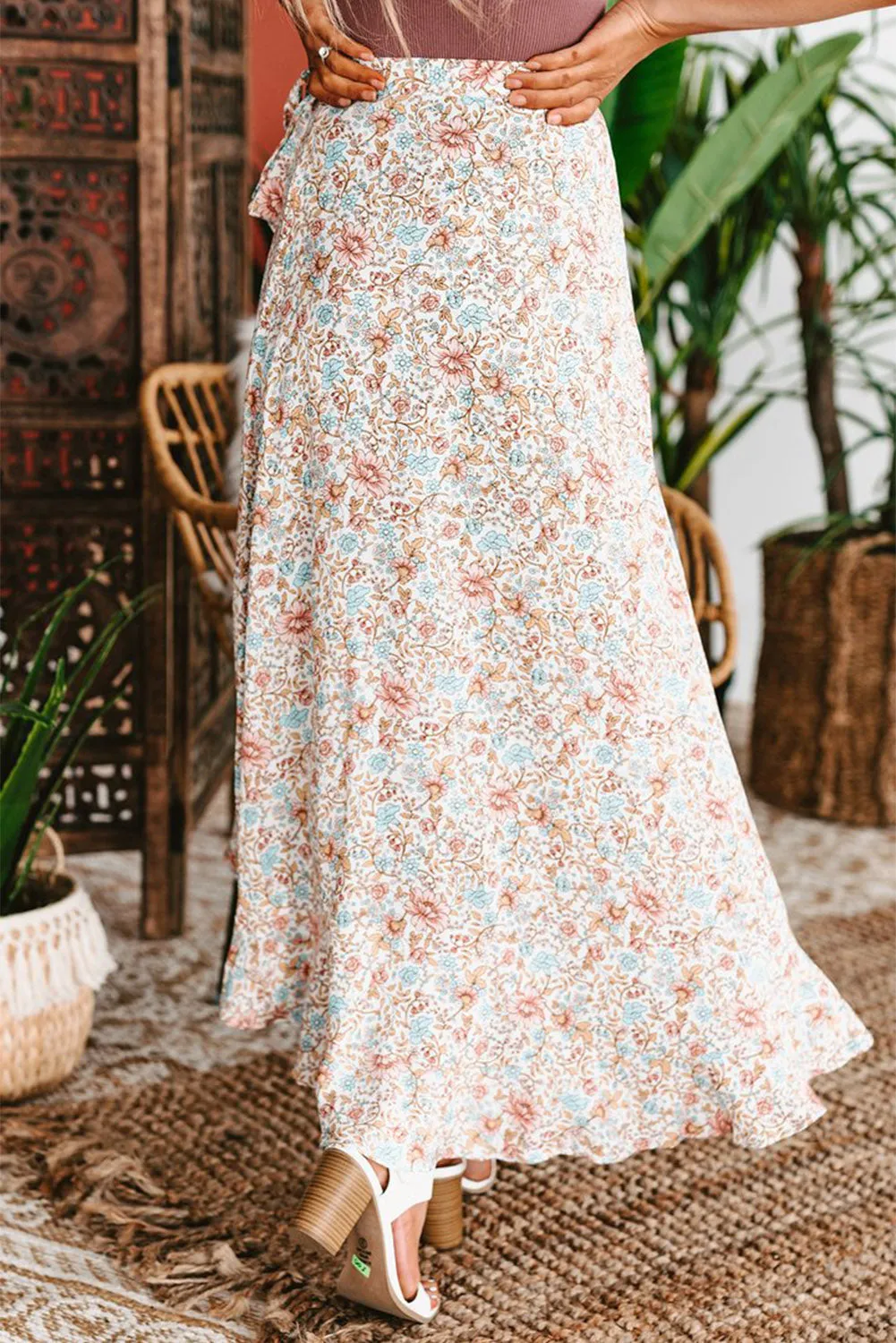 Daisy Print Wrap High Low Midi Skirt