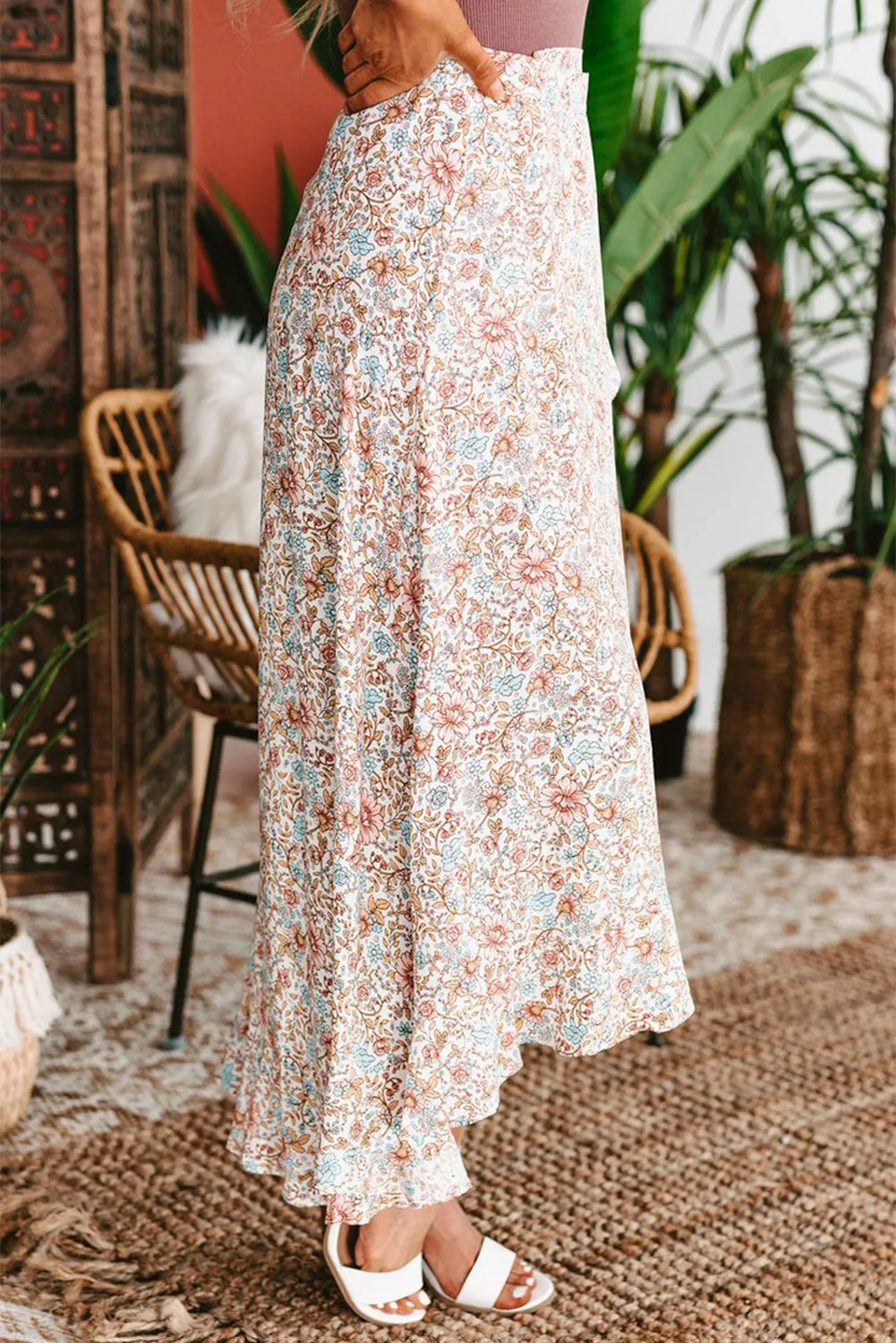 Daisy Print Wrap High Low Midi Skirt