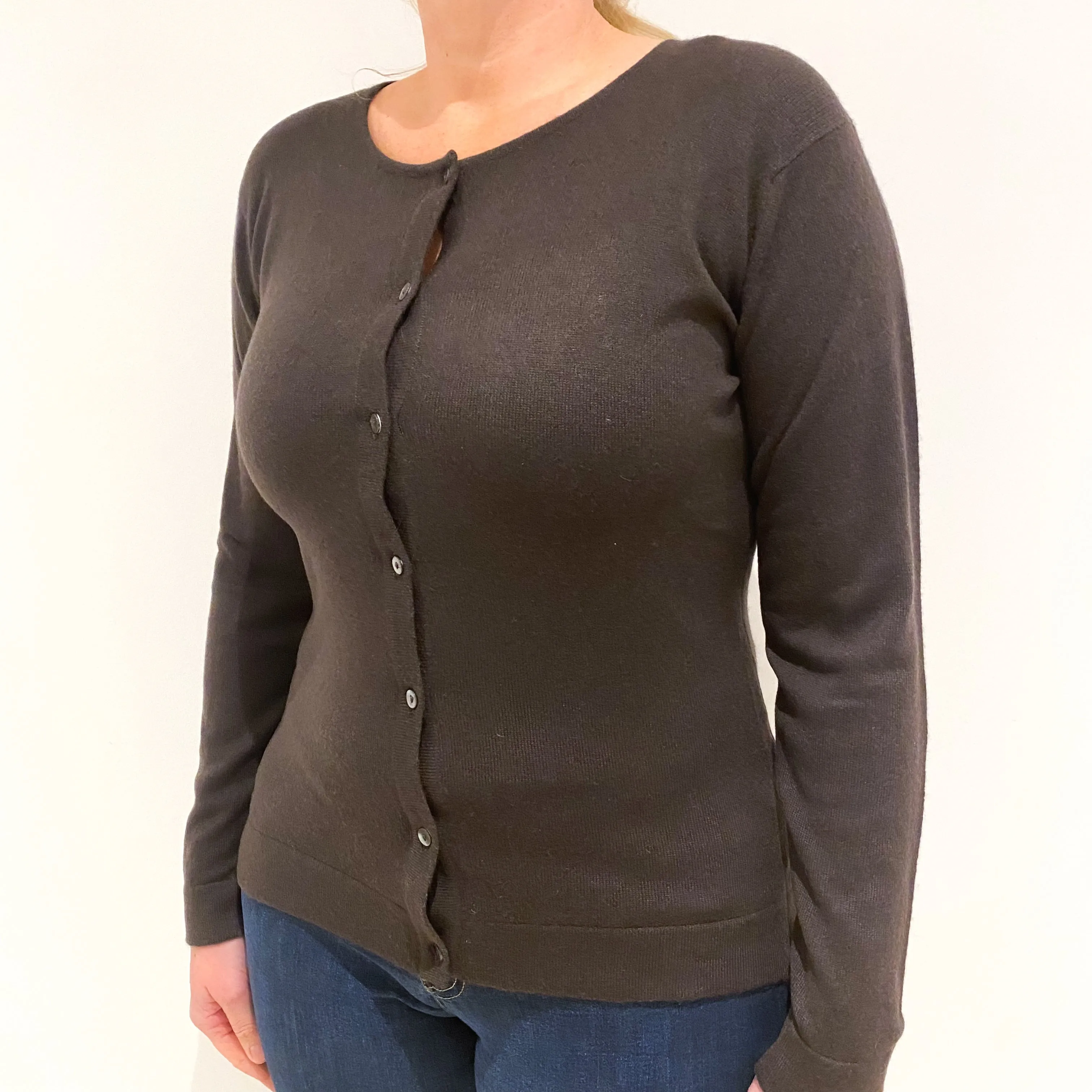 Dark Brown Cashmere Crew Neck Cardigan Large