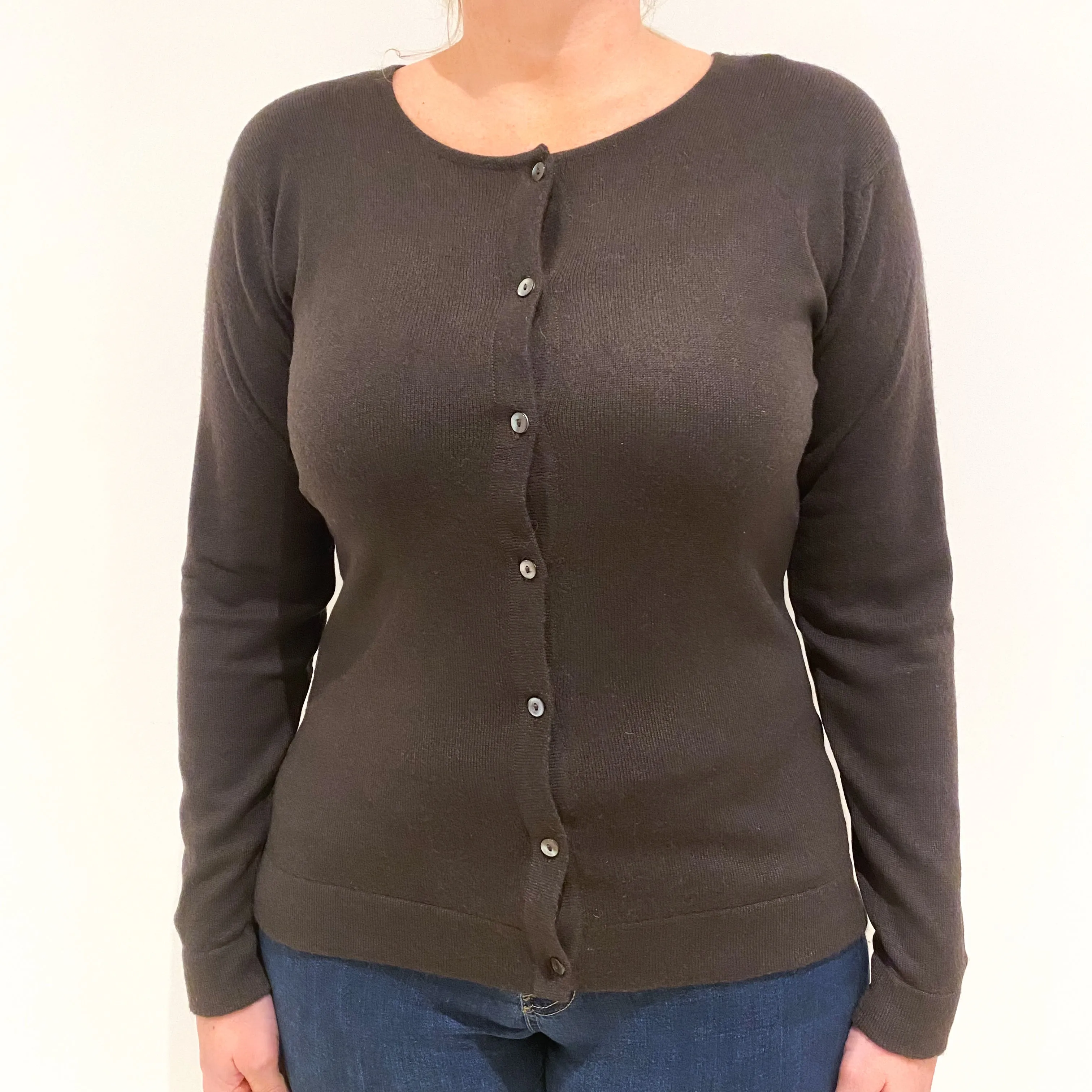 Dark Brown Cashmere Crew Neck Cardigan Large