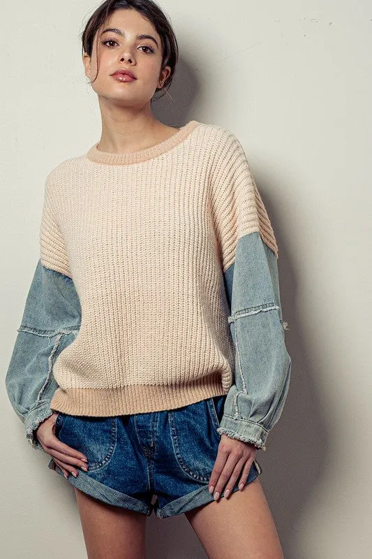 Denim Sleeve Two Tone Knit Sweater IVORY