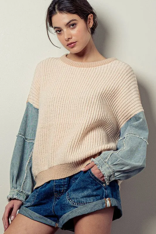 Denim Sleeve Two Tone Knit Sweater IVORY