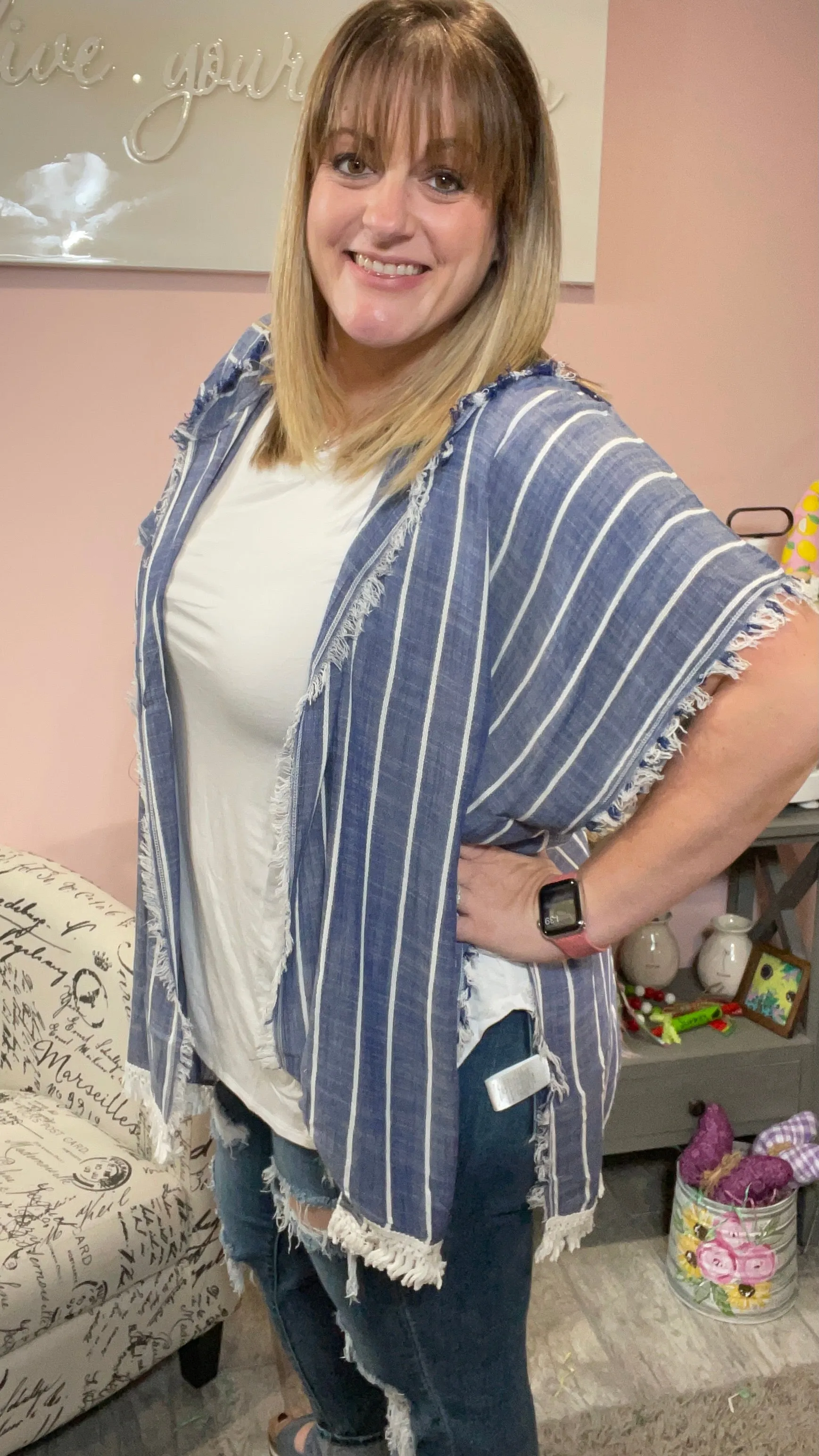 Denim Striped Hoodie with Fringe Detail