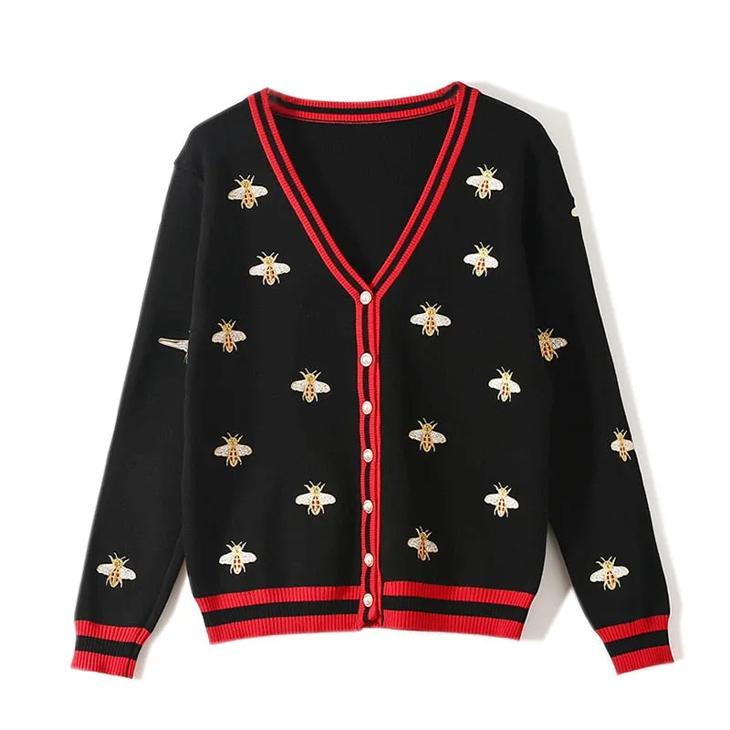 Designer Bee Embroidery Cardigan 
-Long Sleeve 
-Single Button 
-Knitted