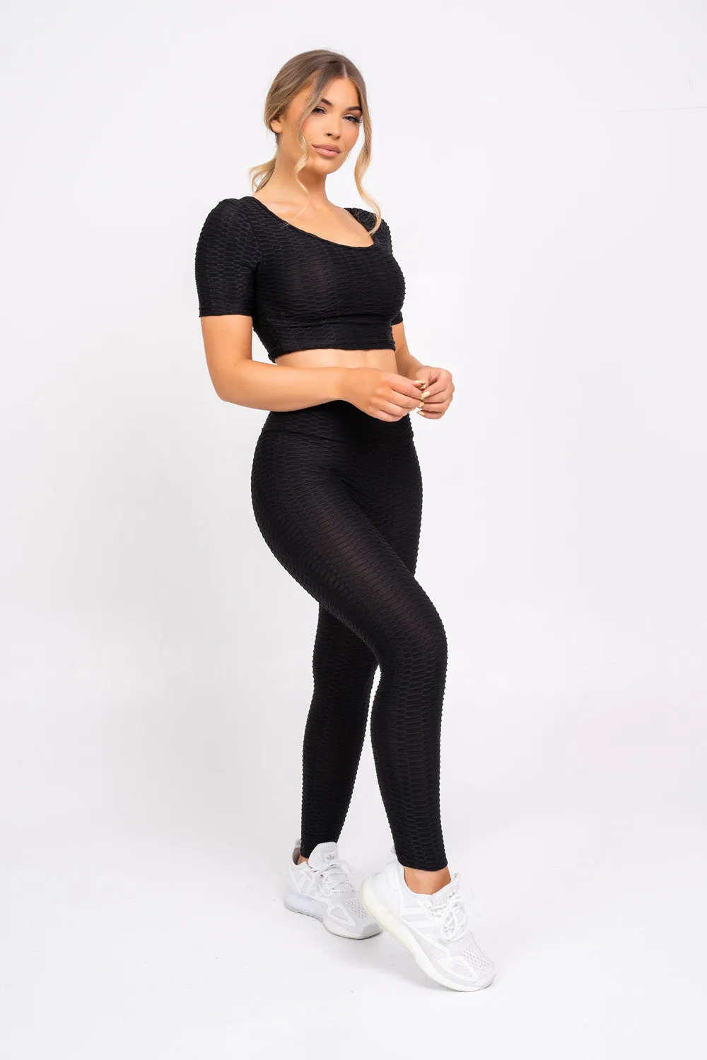 Dion Black Honeycomb Sports Cropped Top & leggings Co-ord Fitness Set