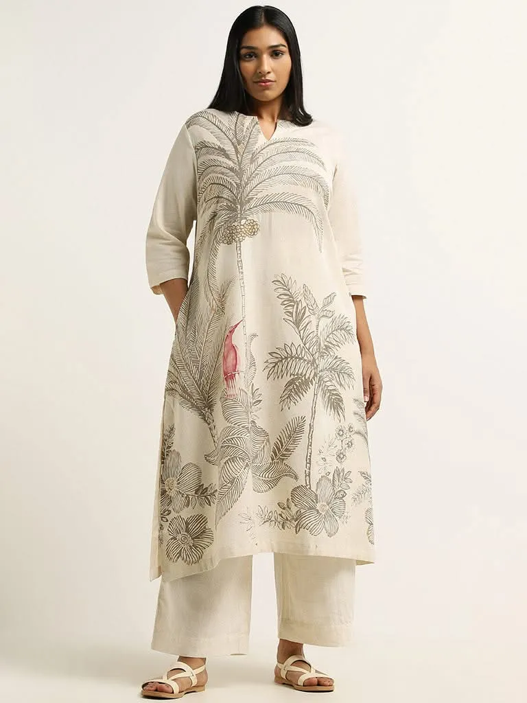 Diza Beige Printed Blended Linen Kurta