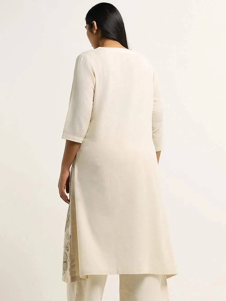 Diza Beige Printed Blended Linen Kurta