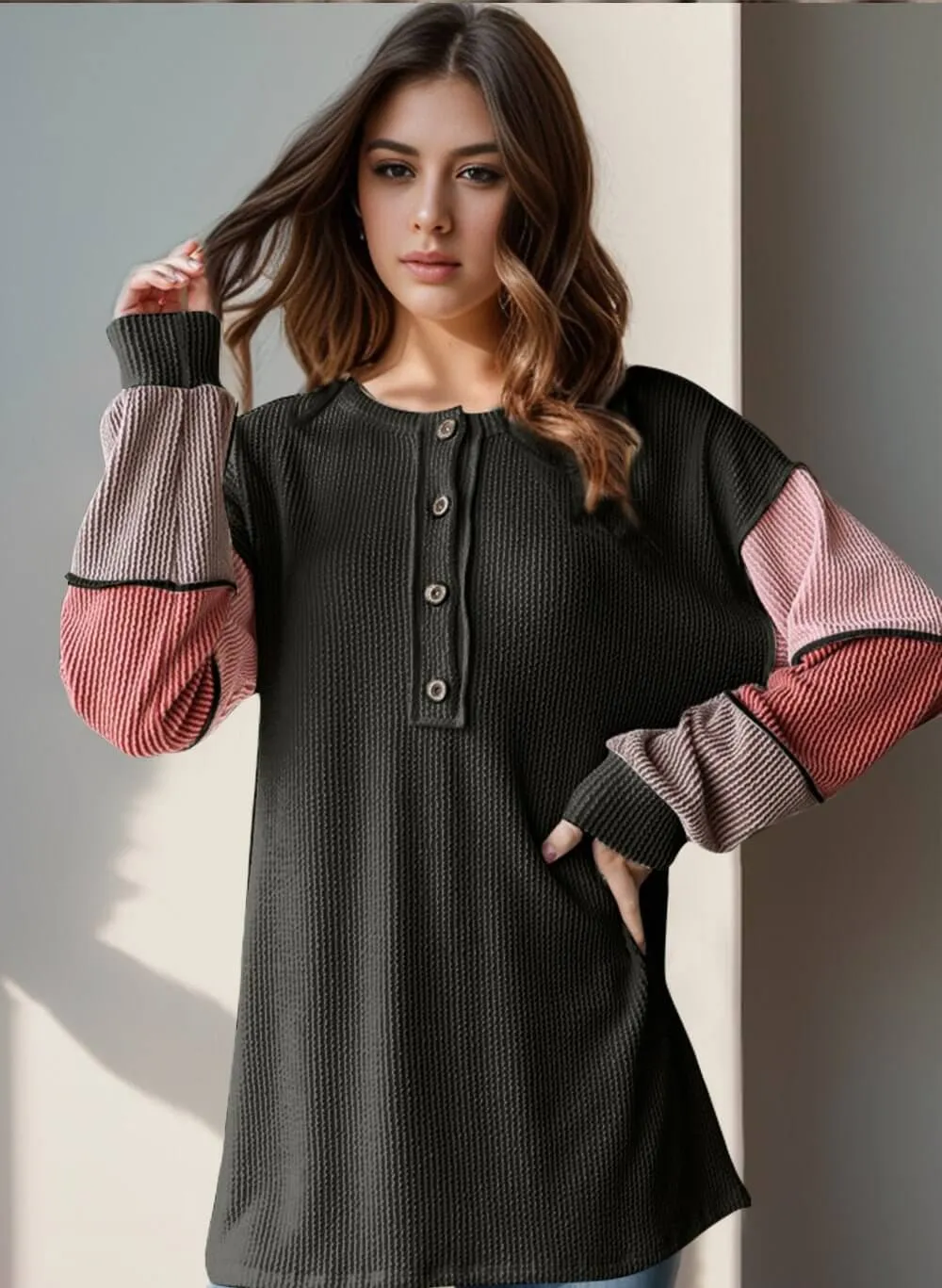 Double Take Full Size Color Block Round Neck Long Sleeve T-Shirt