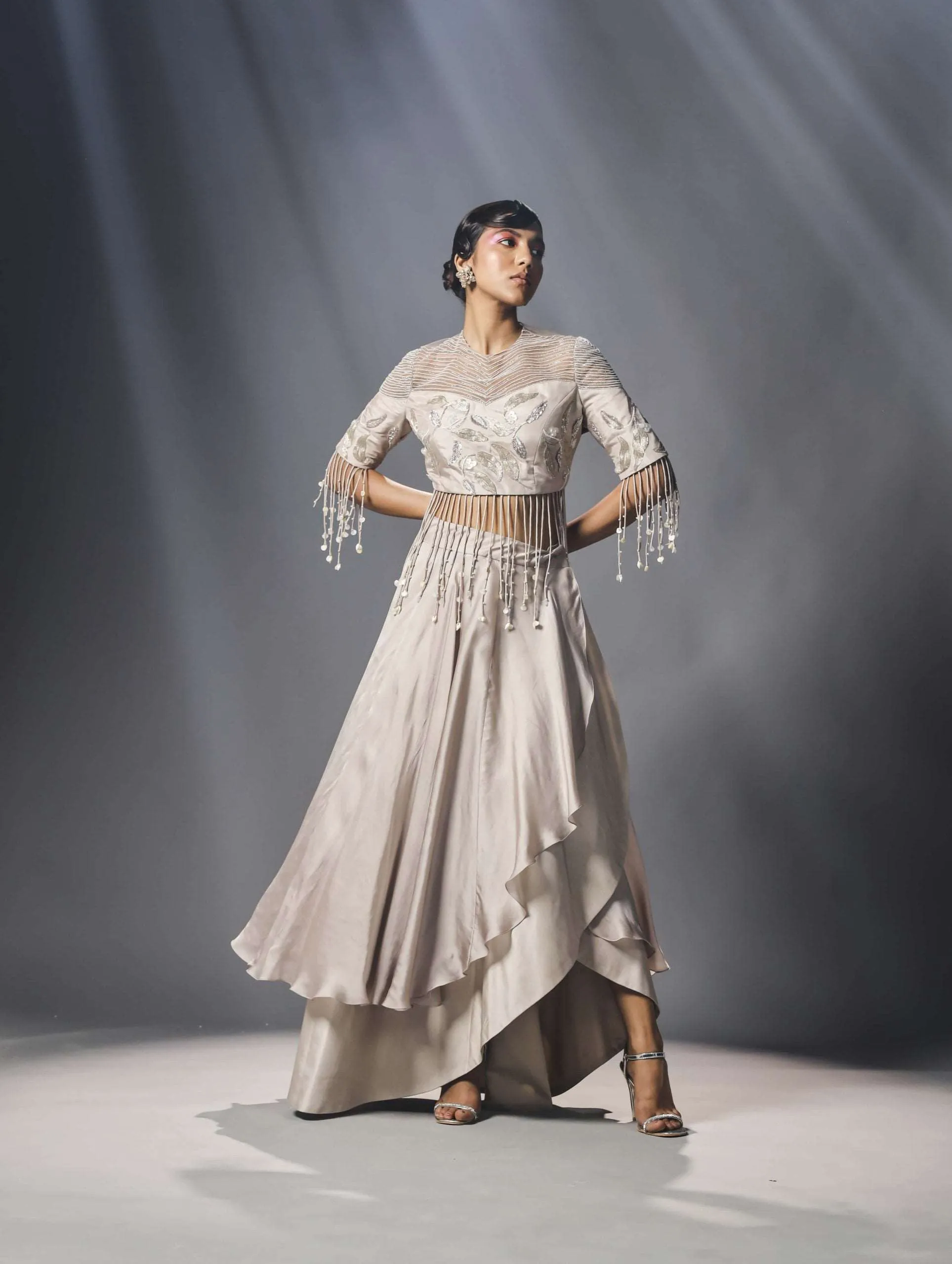 Ecru wrap around layered skirt and crop top set