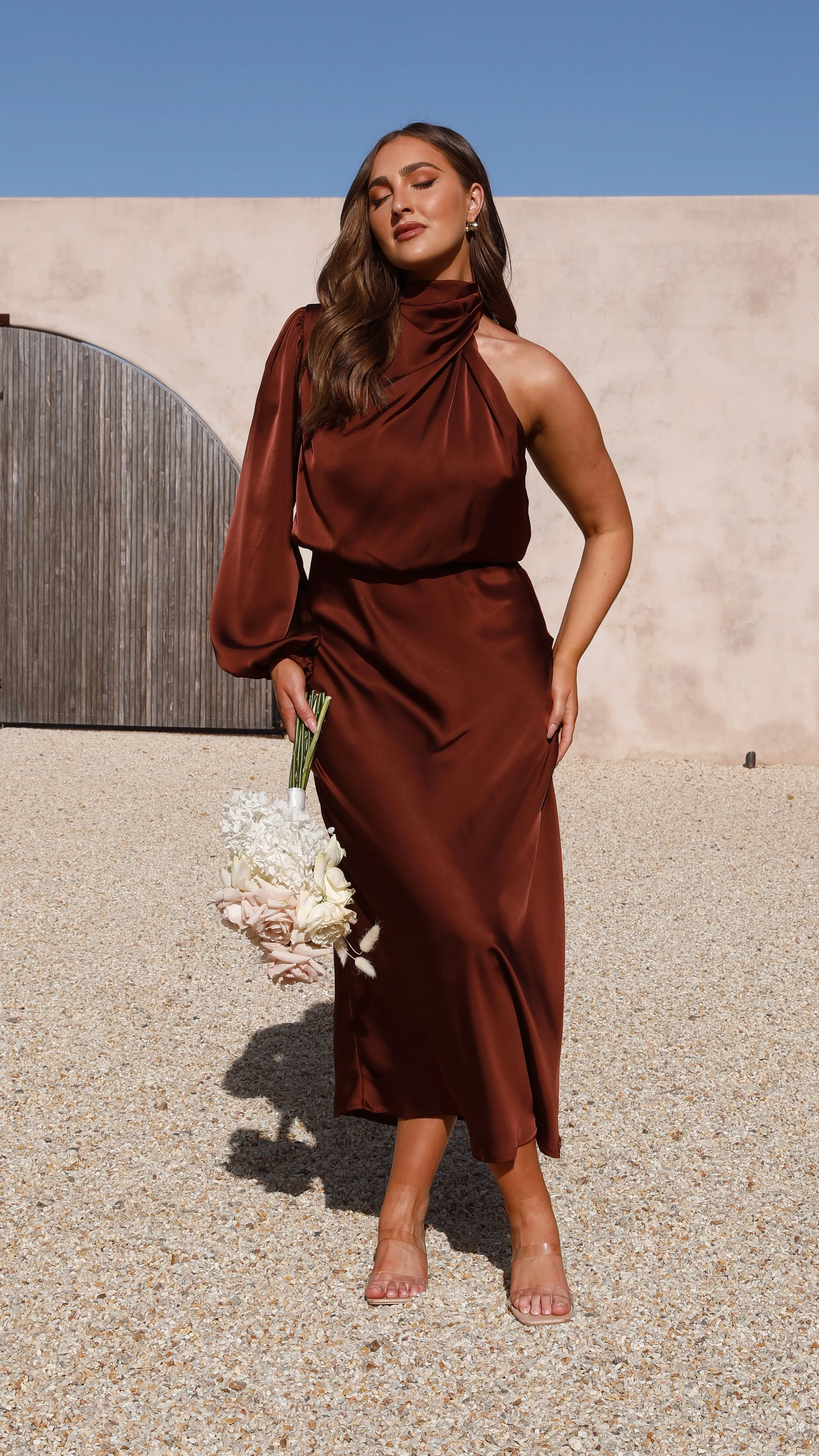 Esther One Shoulder Long Sleeve Dress - Brown