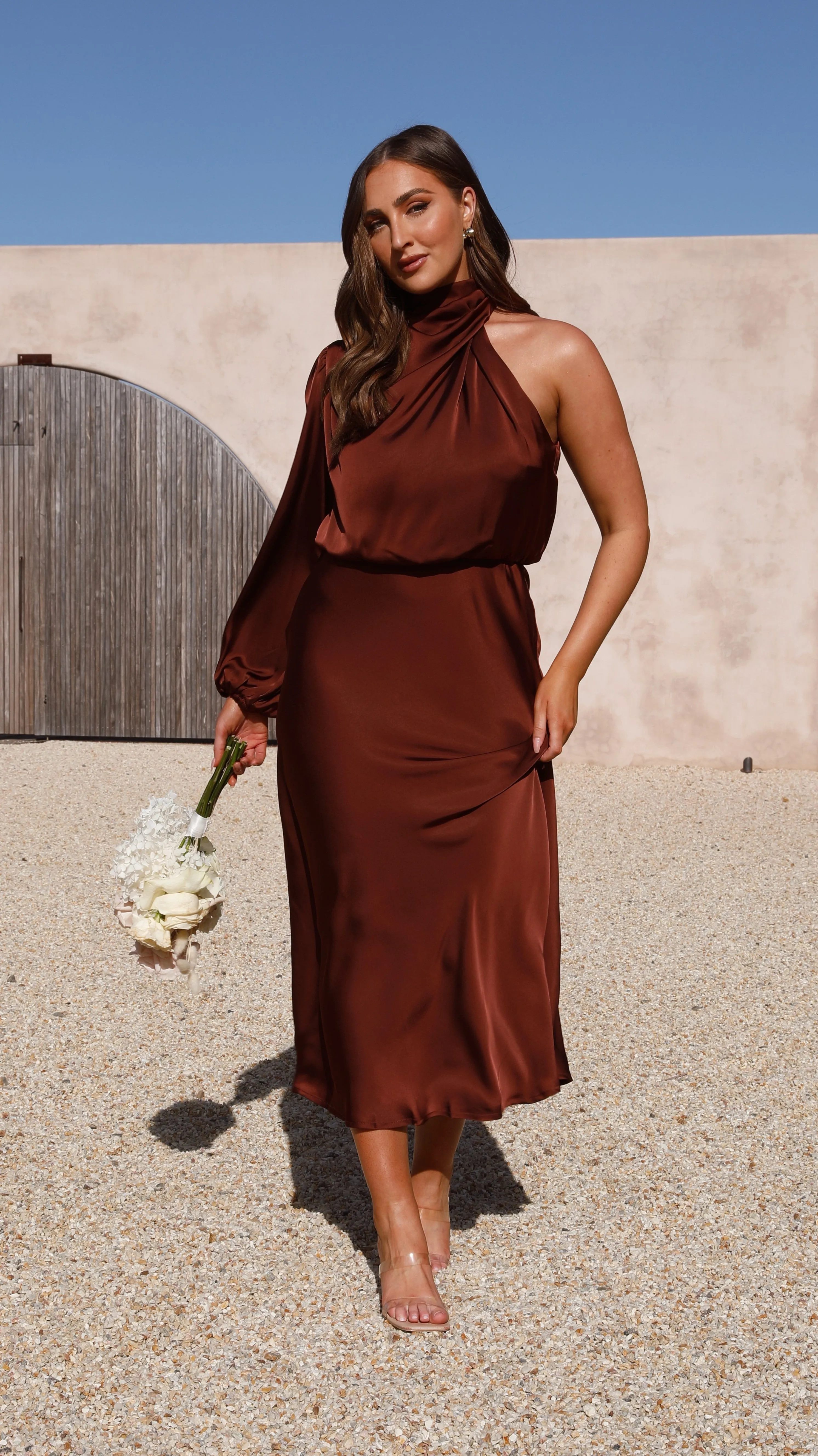 Esther One Shoulder Long Sleeve Dress - Brown