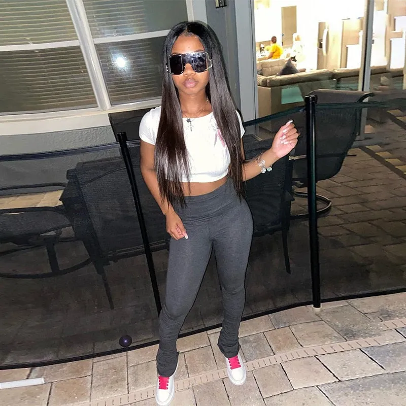 Fashion Solid Ruched Stacked High Waist  Casual Sweatpants