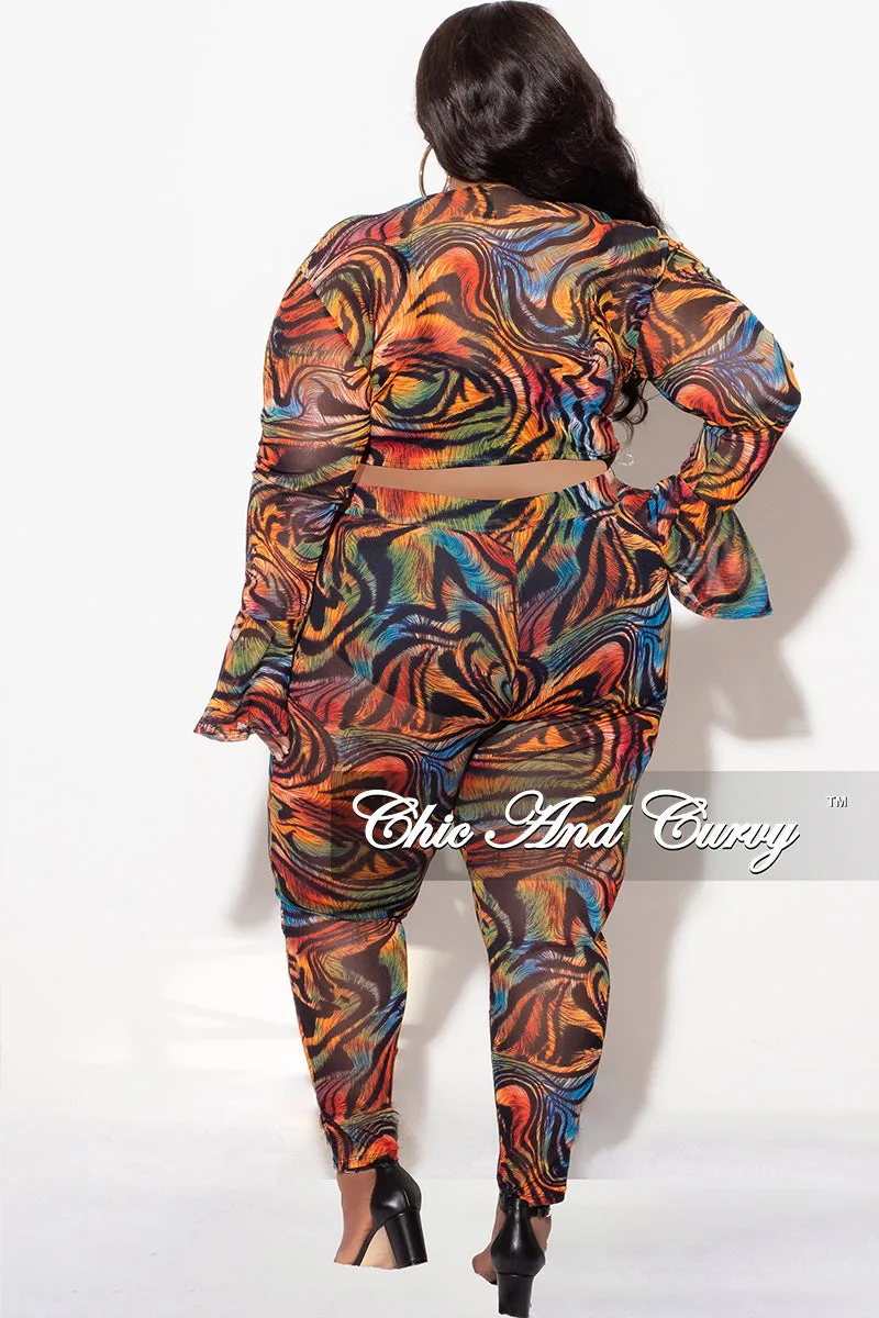 Final Sale Plus Size Sheer Bell Sleeve Tie Top and High Waist Pants Set in Multi Color Print