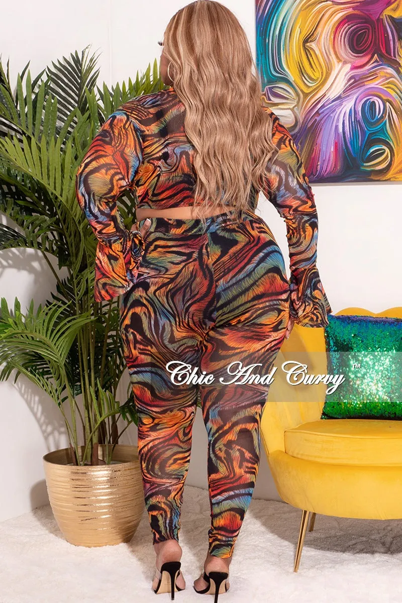 Final Sale Plus Size Sheer Bell Sleeve Tie Top and High Waist Pants Set in Multi Color Print
