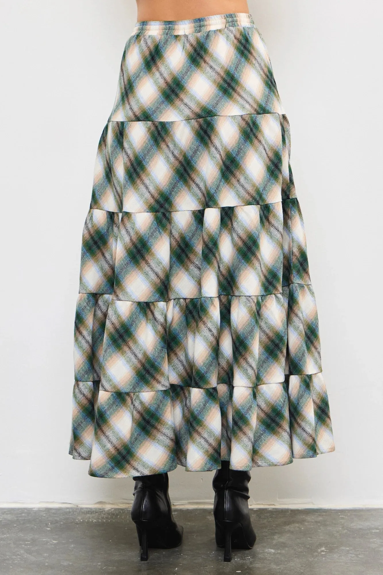 Flannel Plaid Tiered Hem Maxi Skirt