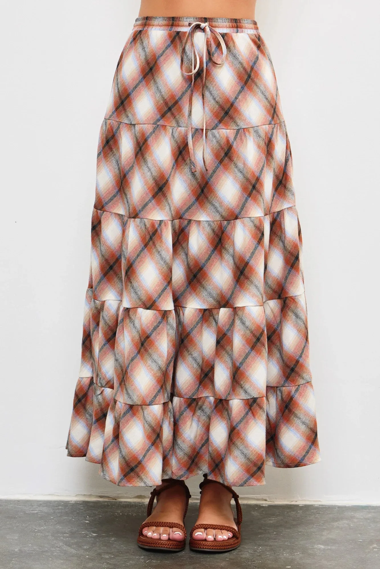 Flannel Plaid Tiered Hem Maxi Skirt