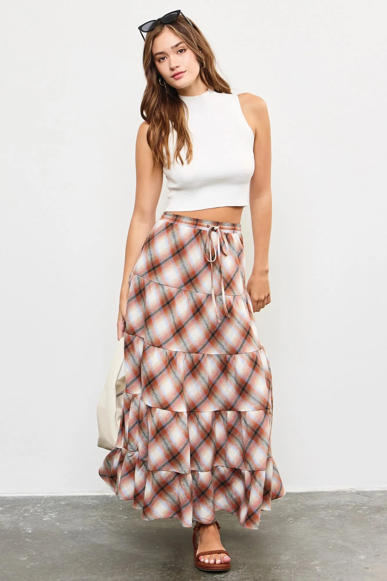 Flannel Plaid Tiered Hem Maxi Skirt