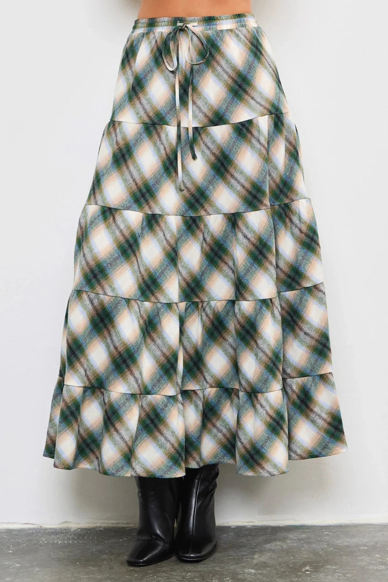 Flannel Plaid Tiered Hem Maxi Skirt