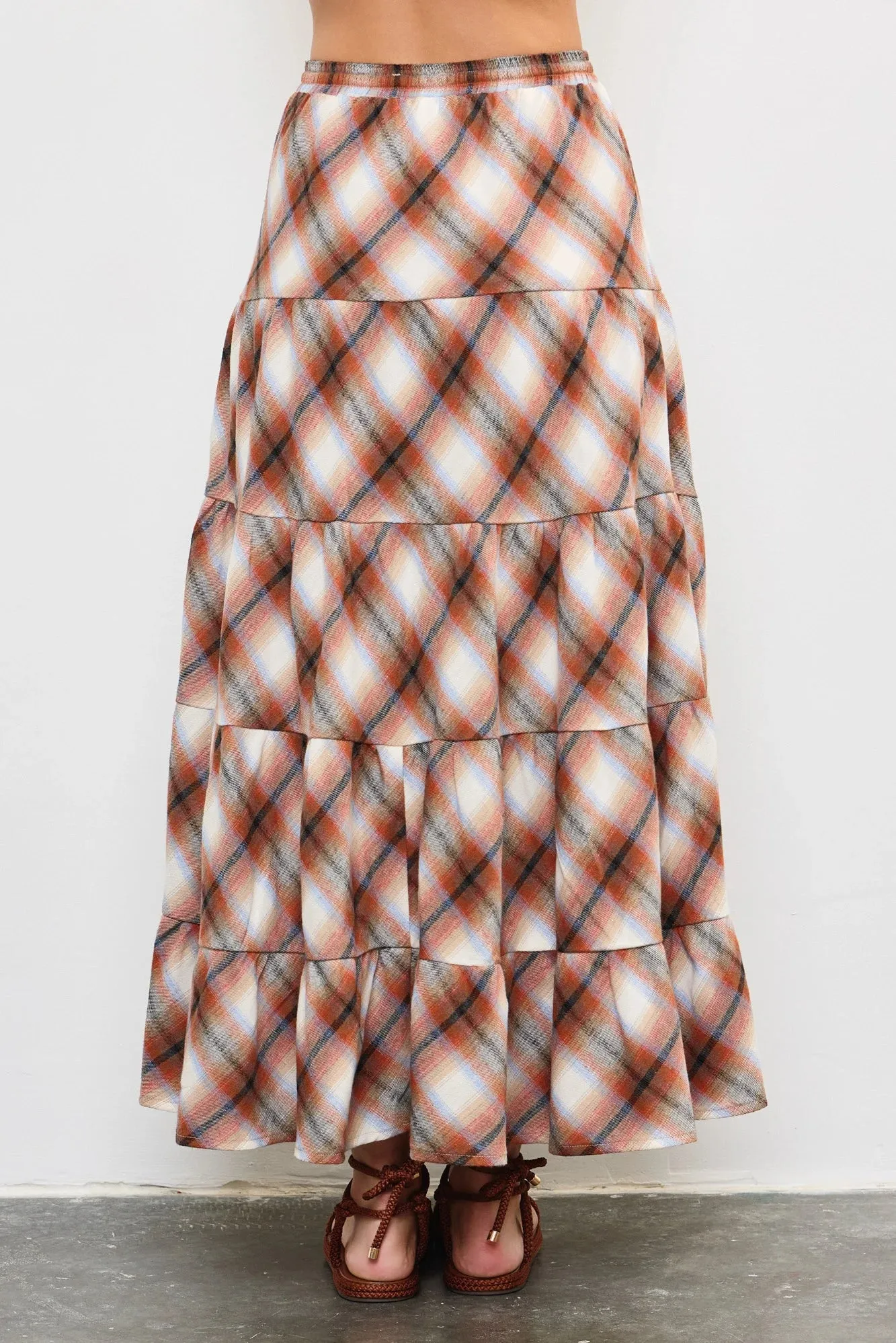 Flannel Plaid Tiered Hem Maxi Skirt