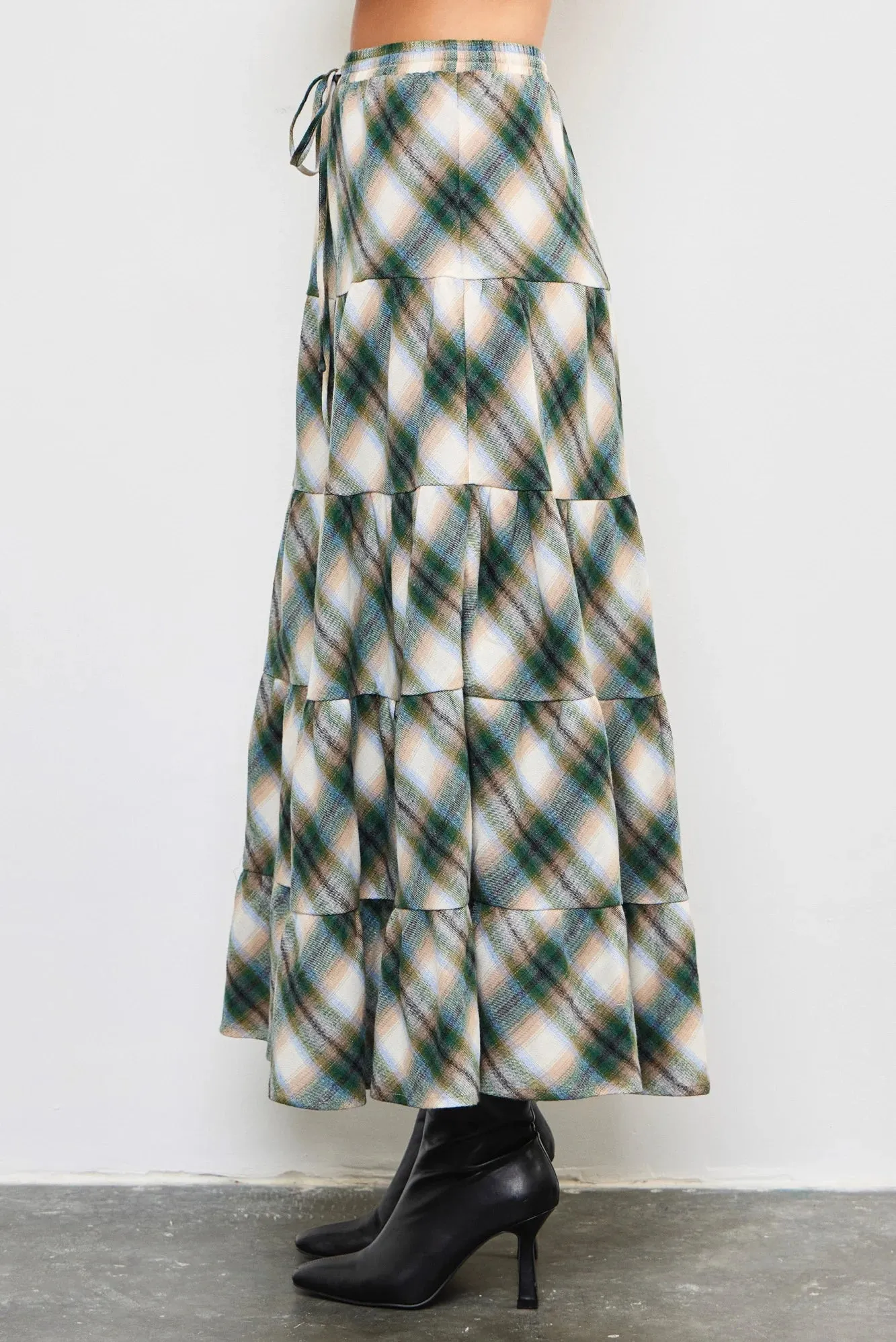 Flannel Plaid Tiered Hem Maxi Skirt