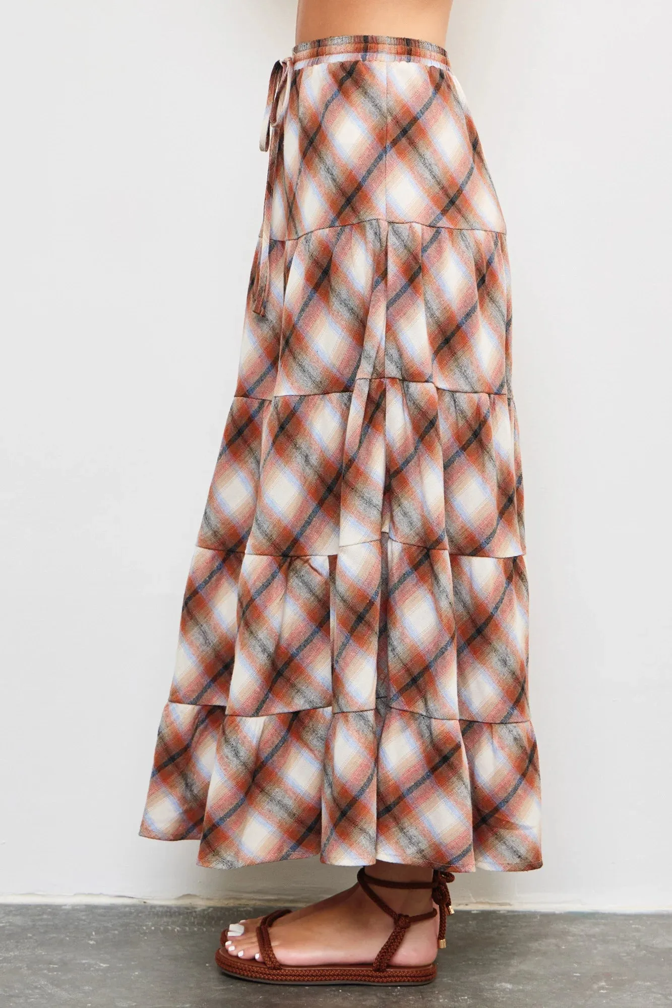 Flannel Plaid Tiered Hem Maxi Skirt