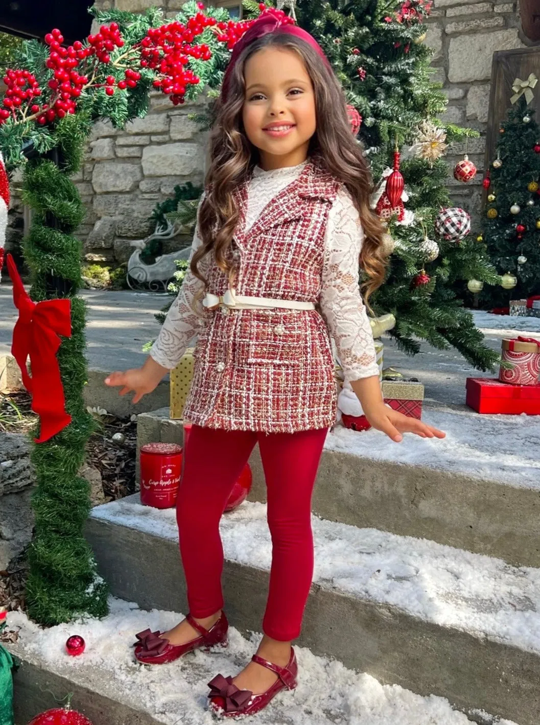 Frosty and Chic White Lace Top, Vest, Belt and Legging Set