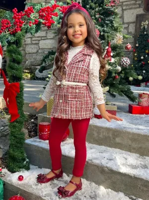 Frosty and Chic White Lace Top, Vest, Belt and Legging Set