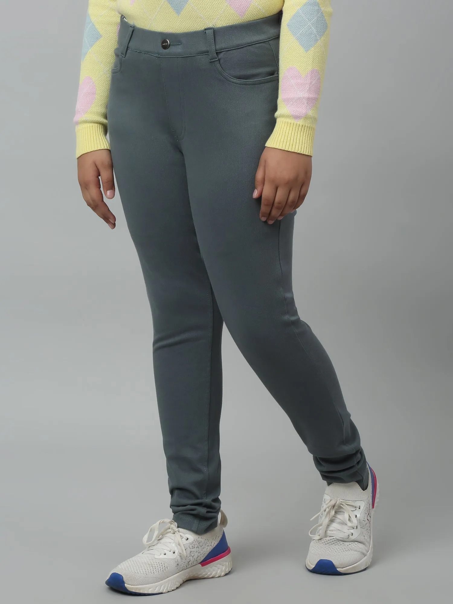 Girls Green Soild Cotton Blend Stretchable Jeggings